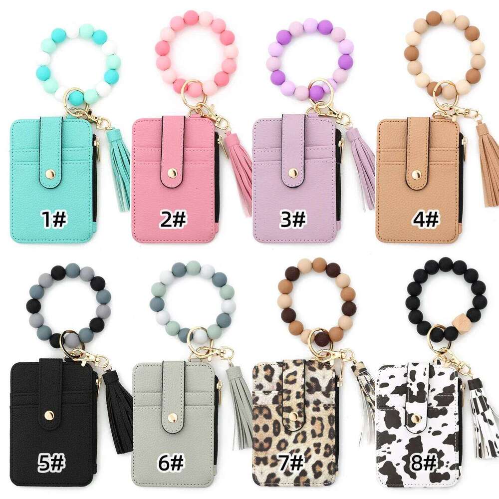 Key Ring Bangle Purse Designer Leopard Leather Card Holder Silicone Beaded Credit Cards Keychain Wallet Y260206