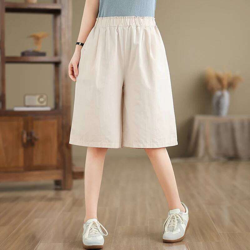Loose Wide Leg Khaki orts Women's Summer Elastic High Waist Slimming Cotton Linen Five-Quarter Straight Cut Casual Trousers XJ260206