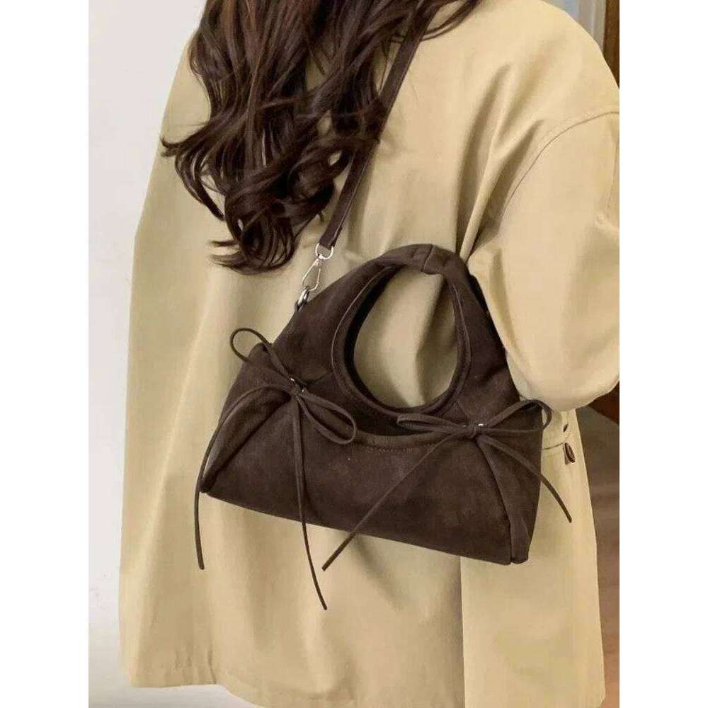 Dainty Double Bows PU Leather Suede Clutch Women Slouchy Chic Purse Satchel For Party Use Crossbody Strap Y260205