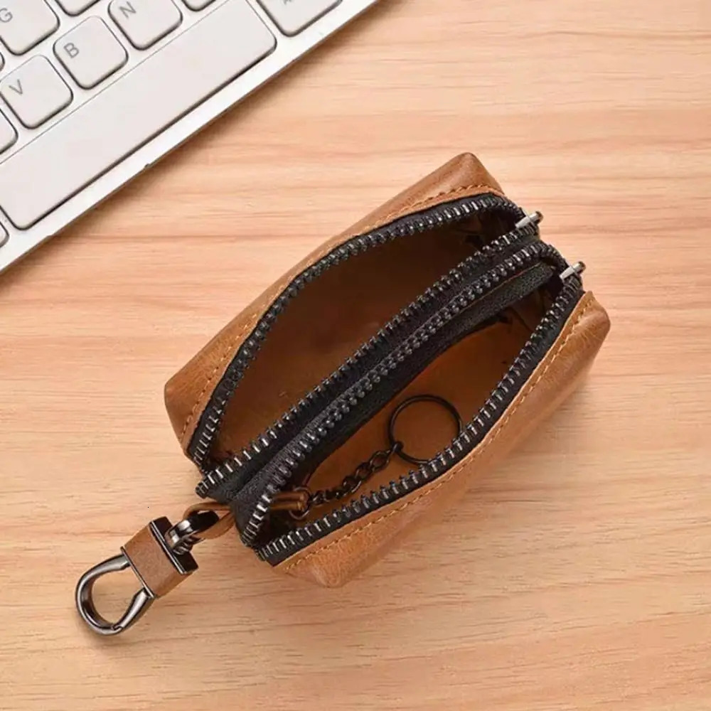 Unisex Leather Key Pouch Bag Multifunctional Double Zipper Coin Purse Large-Capacity Car Key Bag Men Women 260129