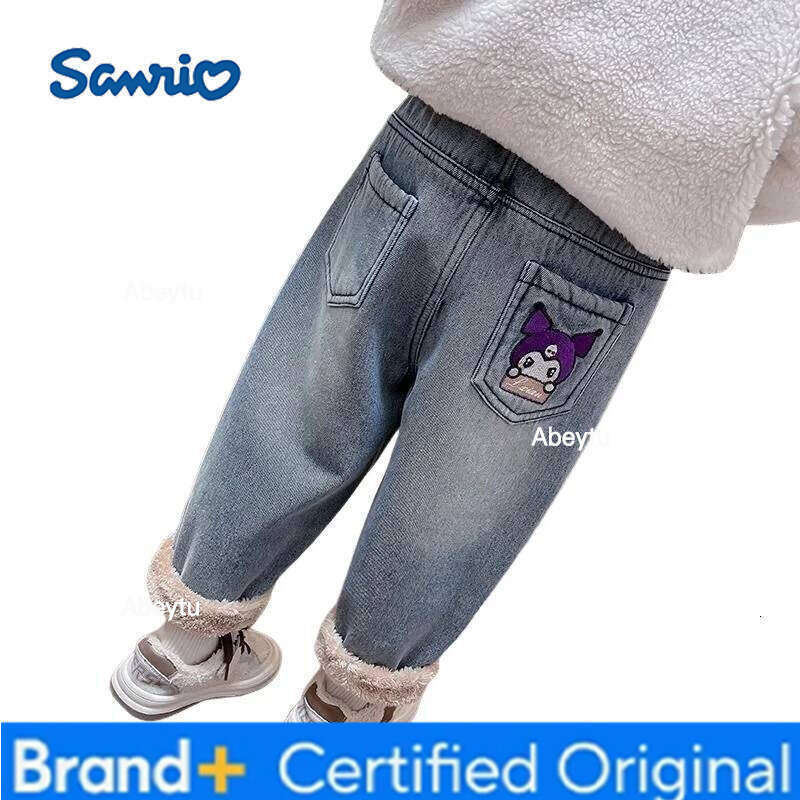 Sanrio Hello Kitty Kids Fleece Lined Thick Jeans 2025 Winter New Arrival Cute Warm Thermal Pants Cold Weather Fashion Trendy H260206