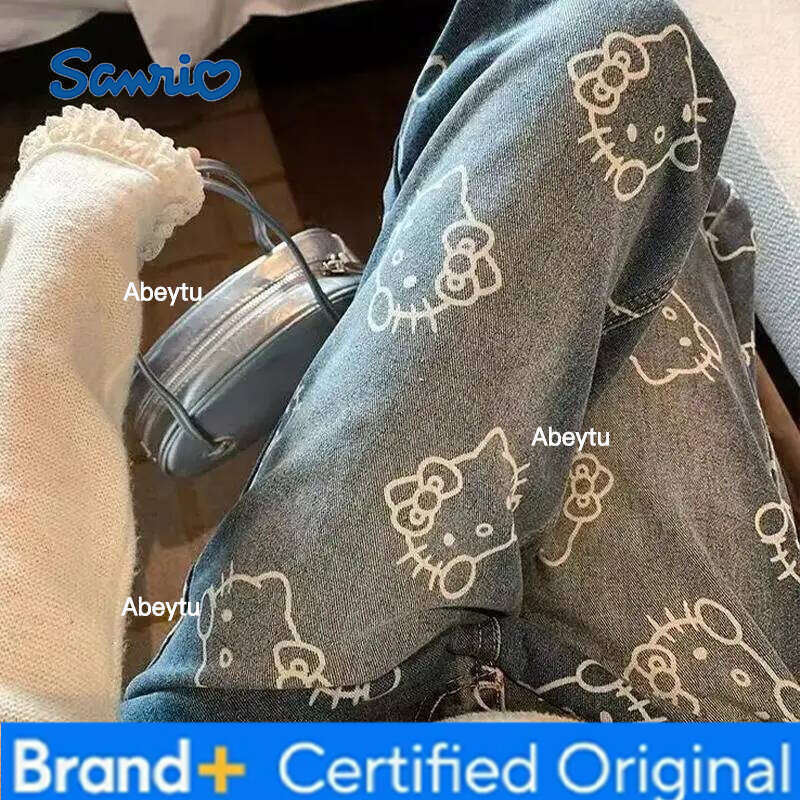 Sanrio Hello Kitty Y2K Quality Printed Jeans for Women Spring Summer Cute Cartoon Design High Waist Loose Sweet Pants Korean Style H260206