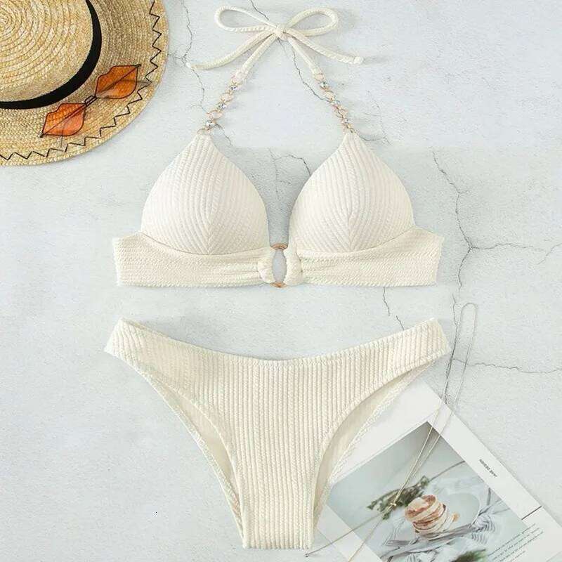 New Sexy Split Solid Color Bikini Striped Pearl Neck Swimsuit Z260206