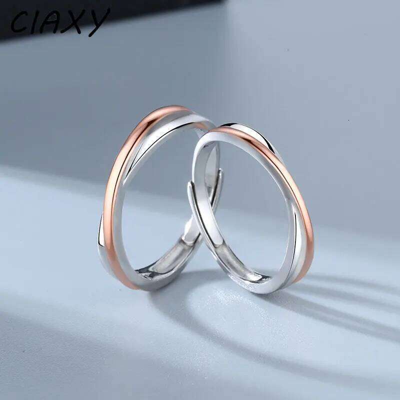 CIAXY Silver Color Line Cross Design Wedding Rings for Couple Rose Gold Adjustable Ring Simple Birthday Jewelry Gifts W260206