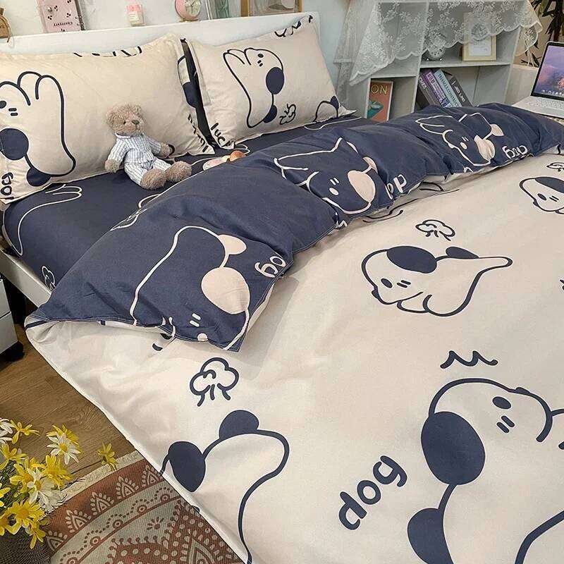 Kawaii Dog Printed Floral Duvet Pillowcase Bedding Set Cute Bed Sheet Quilt Cover Single Queen King Size 3/4 Piece XJ260206