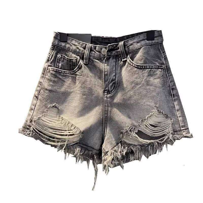 2026 New Black Grey Perforated Ragged Jeans Women High Waist Y2k Hole Ripped Tassel Booty Shorts C260206