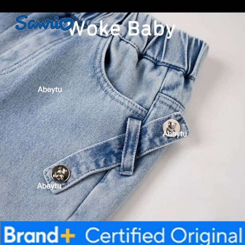 Sanrio Hello Kitty Girls Jeans Straight Wide Leg Loose Fit Fleece-Lined Warm Spring Autumn Winter Sweet Kawaii Kids Denim Pants H260206