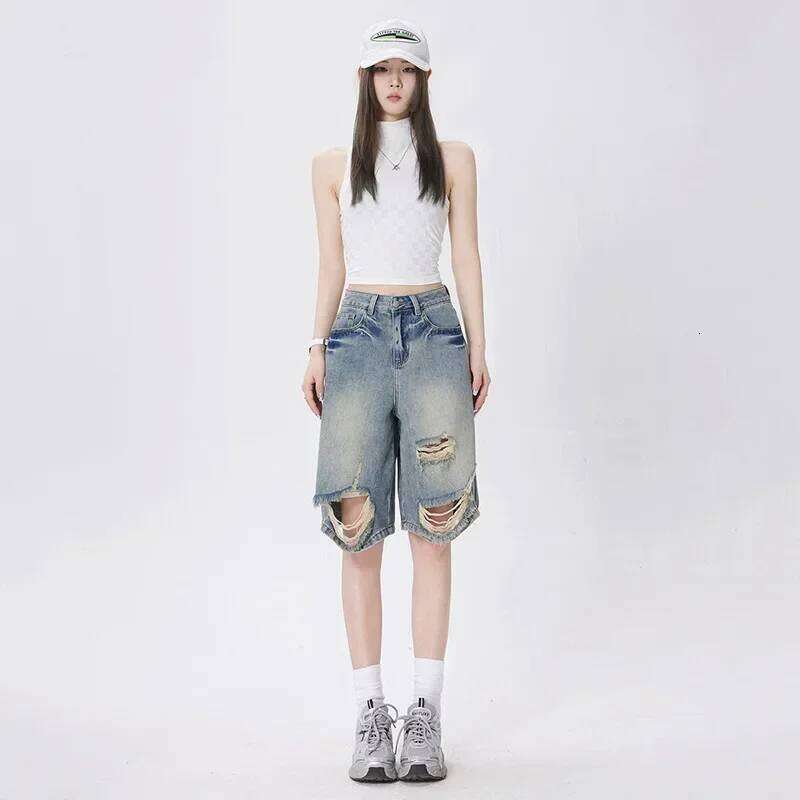 Denim Pants Women Shorts Distressed Knee Length Jeans Vintage Hole Ripped Wide Leg Jean High Waist Pockets Loose Casual C260206