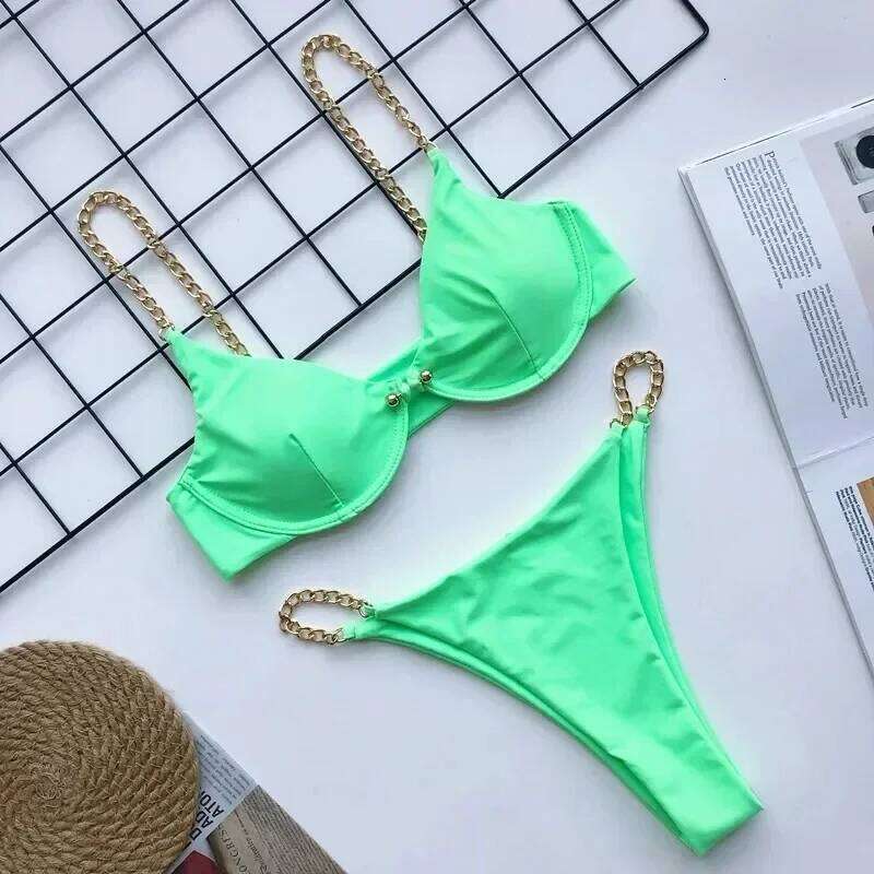 Sexy Chain Push Up Bikinis Set 2023 Mujer Micro Thong Swimsuit Swimwear Women Buckle Bathing Suit Biquinis Feminino Beachwear XJ260206
