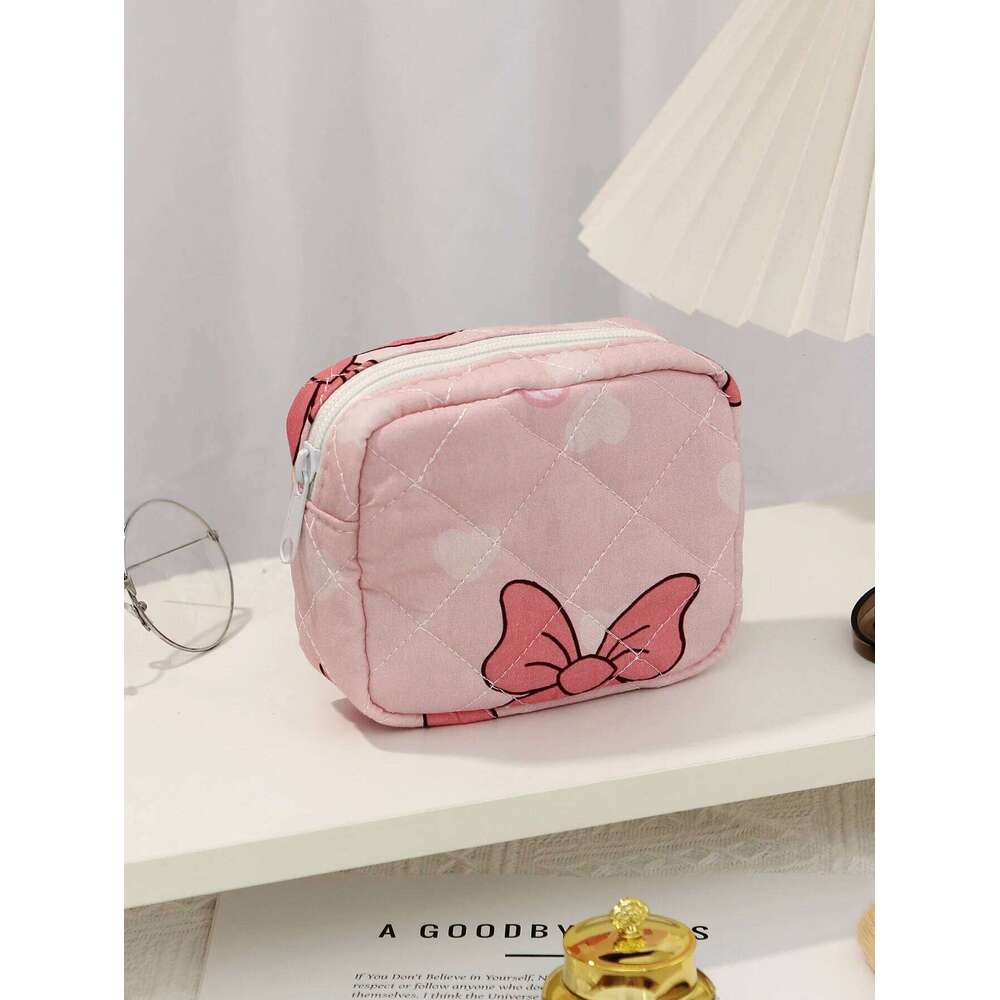 1pc bow quilted cosmetic daily tool storage cute mini bag, fashionable portable makeup bag Y260206