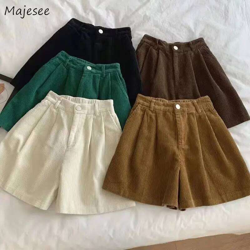 Corduroy Shorts Women Solid Fashion Winter Vintage 5-colors Wide Leg Casual All-match High Waist Students Ulzzang Popular Mujer XJ260206