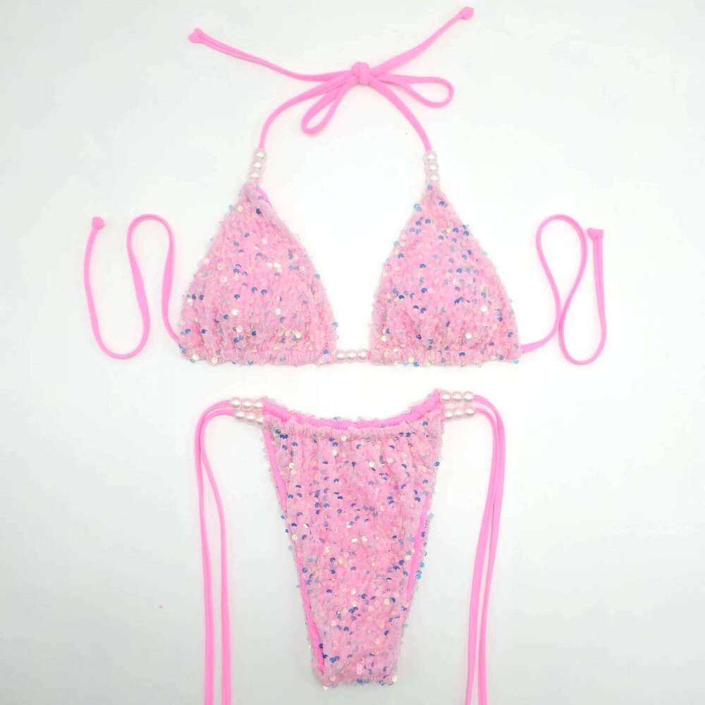 Melphieer Summer Beach Women Blue Pink Sparkle Sequins Pearls Bikinis 2pcs Bikini Set Swimwear Swimming Bathing suits Z260206