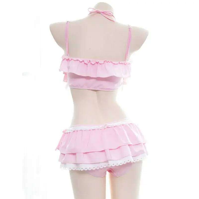 Cute Girls Lolita Ruffle Bikini Sukumizu Cosplay Pink And Black Color Swimsuit Hollowed Multilayer Hem Biquini Women Swimwear Z260206