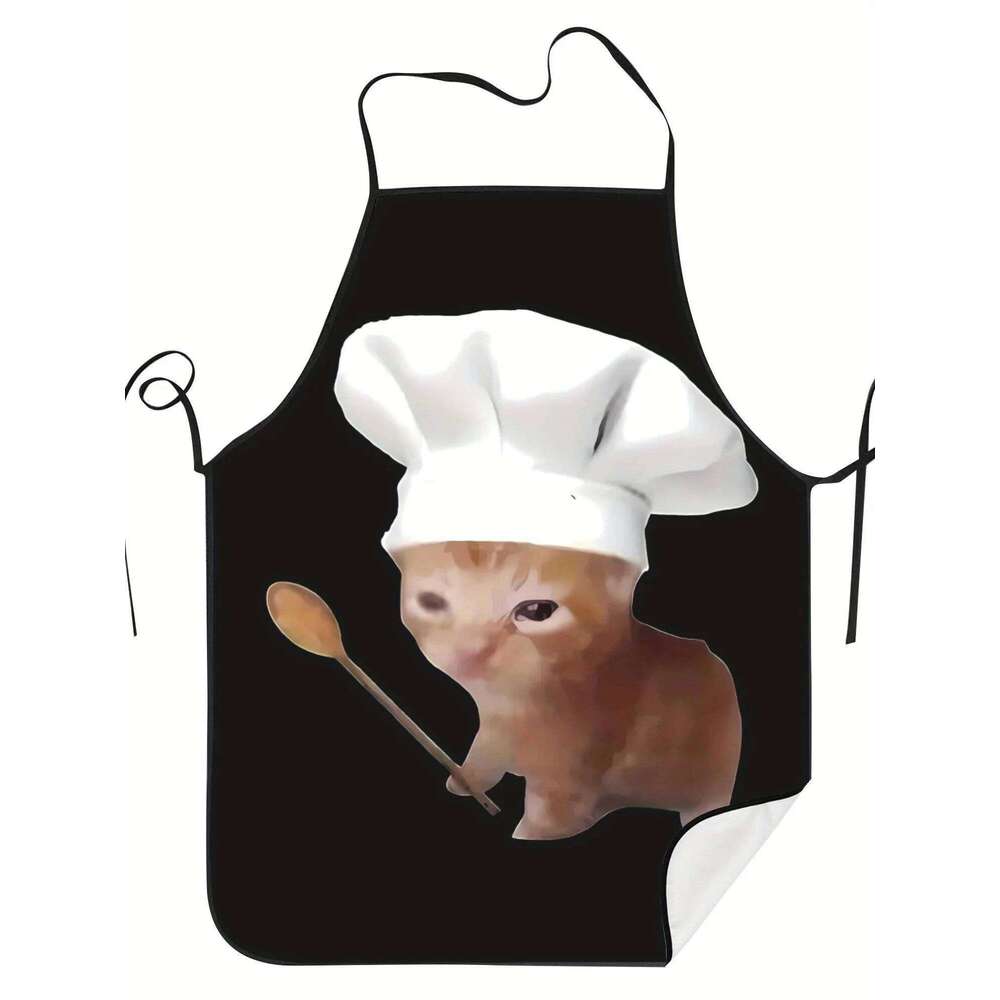 Funny Crying Cat Kitchen Apron with Cute Ginger Tabby Chef Hat, Easy-Clean for Cooking, Baking Home Aprons S260205