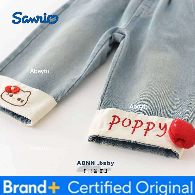 Sanrio Kids Girl Spring Autumn Denim Pants Elastic Waist Wide Leg Jeans with Cartoon Cat Embroidery 3D Apple Casual Trousers C3521 H260206
