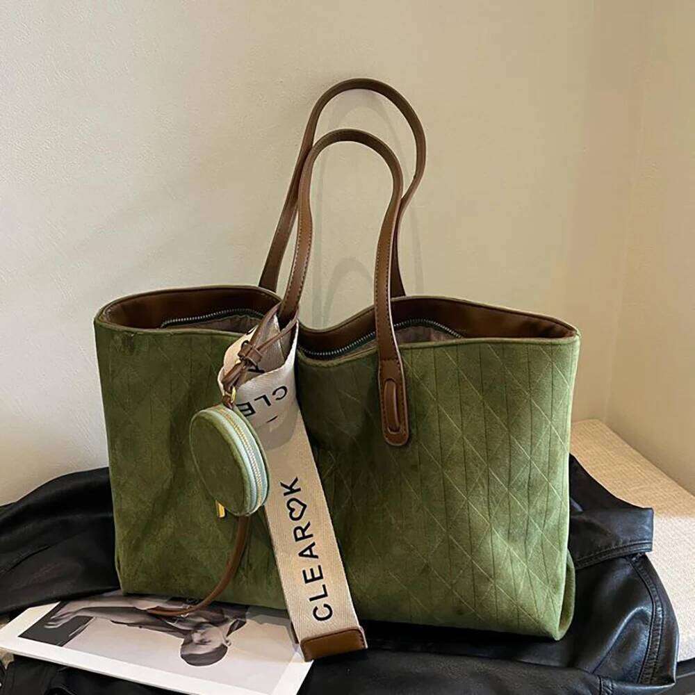 Women Large Capacity Totes 2025 New Retro Frosted Suede Leather Plaid Shoulder Bags Versatile Casual Travel Commuter Tote Bag Y260205
