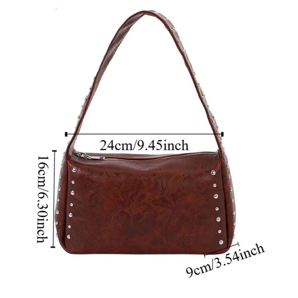 Fashion Spicy Girl Style Retro Rivet Handbag Leisure French Pillow Underarm Punk Solid Color Commuting Shoulder Bag Women Y260205