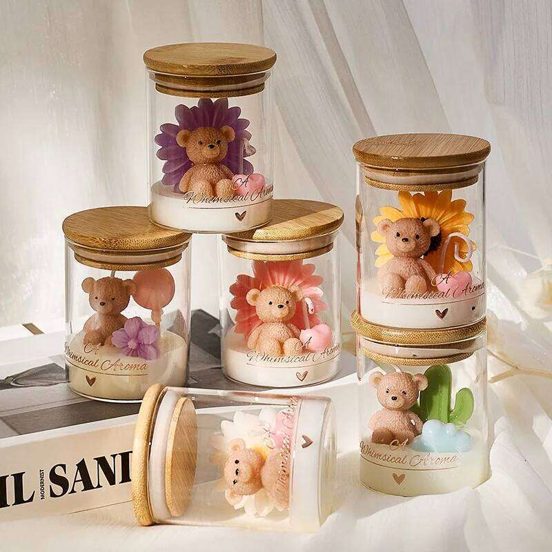 Cartoon Cute Bear Sunflower Cactus Scented Handcrafted Birthday Gift Souvenir Tabletop Atmosphere Decoration Candle Cup S260205