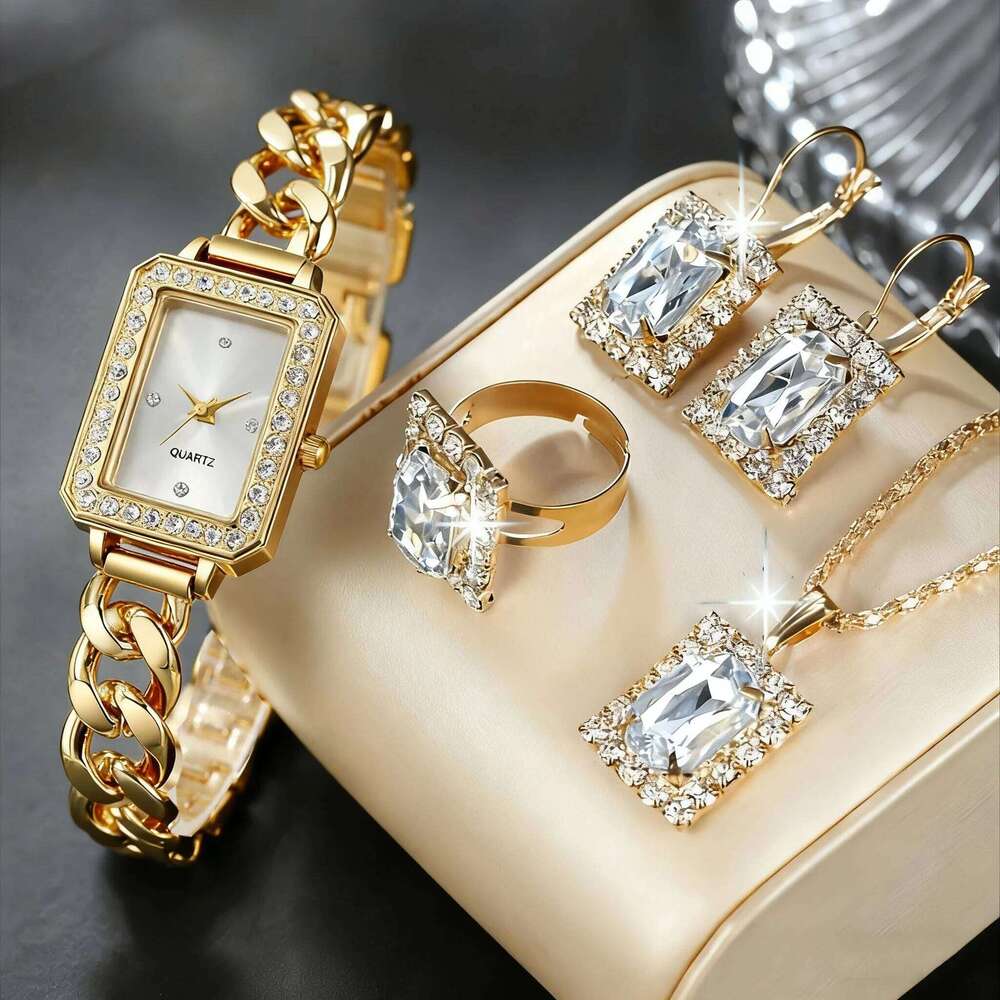 1/5PCS Elegant Women Quartz Watch Earrings Necklace Ring Set Fashion Rectangle Dia Bracelet Band Ladies WristwatchWithout Box Z260206