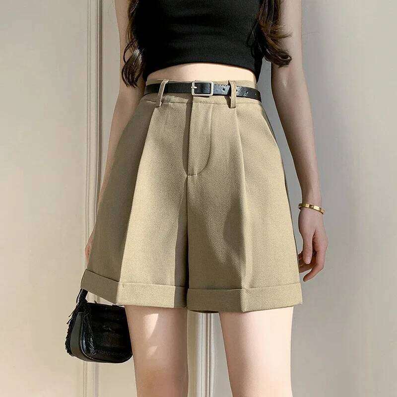 Seoulish High Waist Wide Leg Shorts 2025 New Elegant Office Lady Style Casual Solid Color Pockets Minimalism Short Pants Female XJ260206
