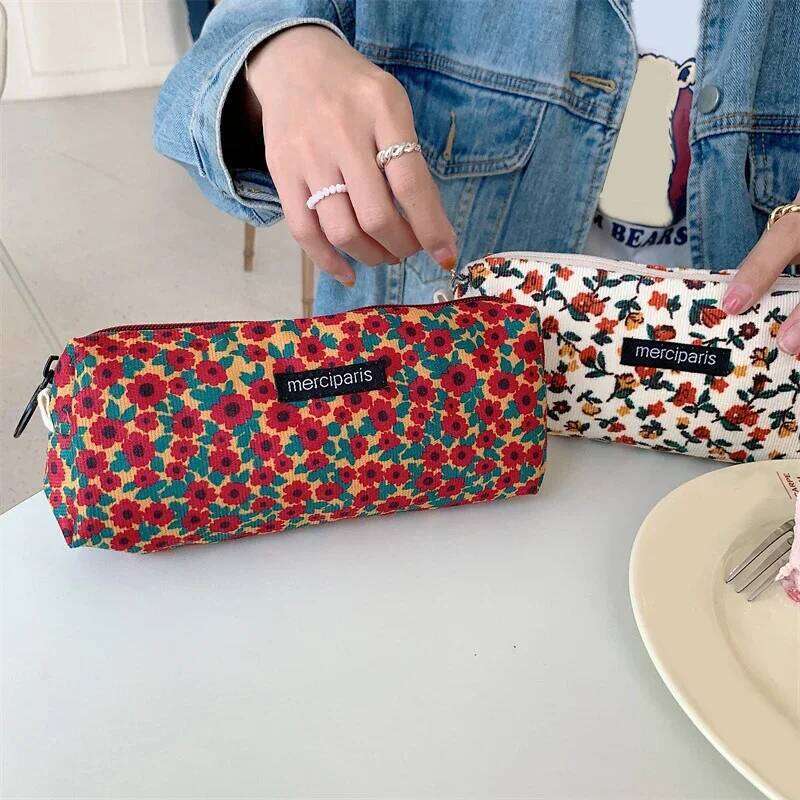 Korean Makeup Organizer Floral Cosmetic Pouch Female Corduroy Fabric Zipper Toiletry Bag Necesserie Pen Storage Beauty Case Y260206