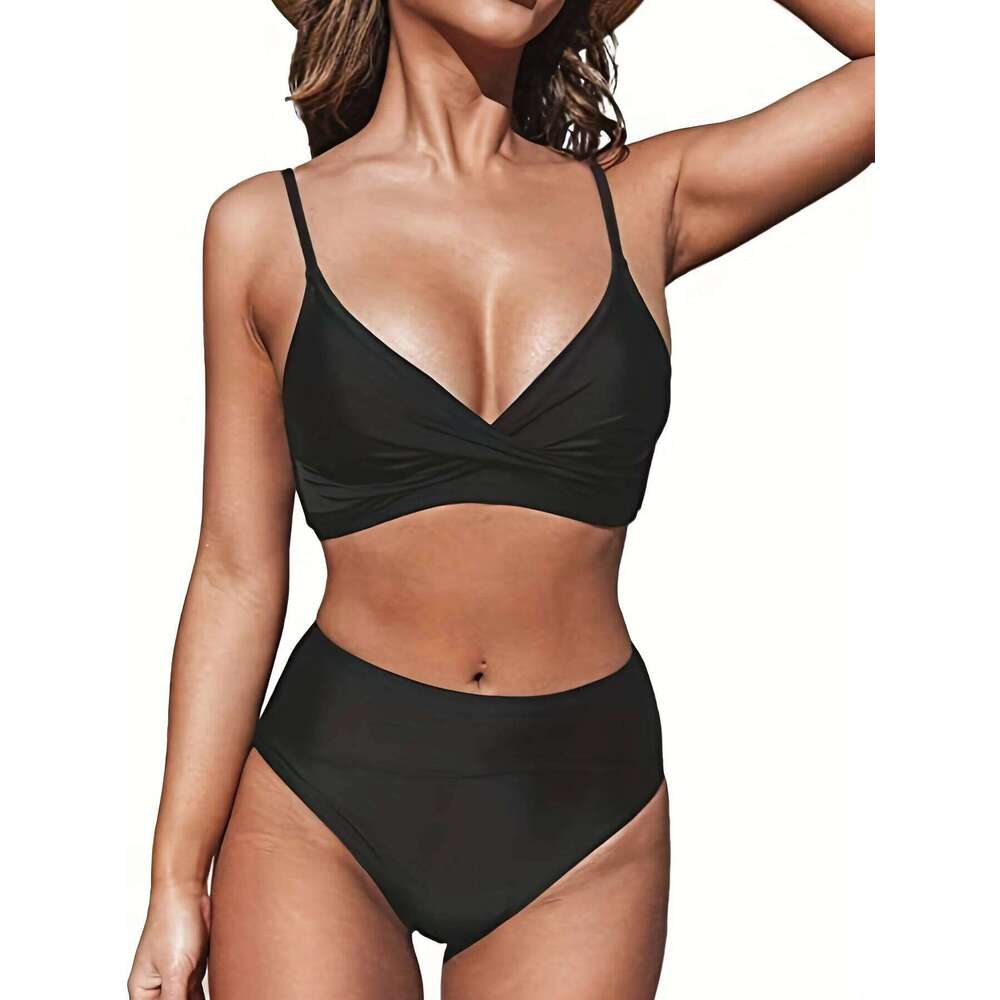 Women's sexy crop top high-waisted solid color bikini triangle set, a must-have item for summer beach leisure and vacation. Z260206