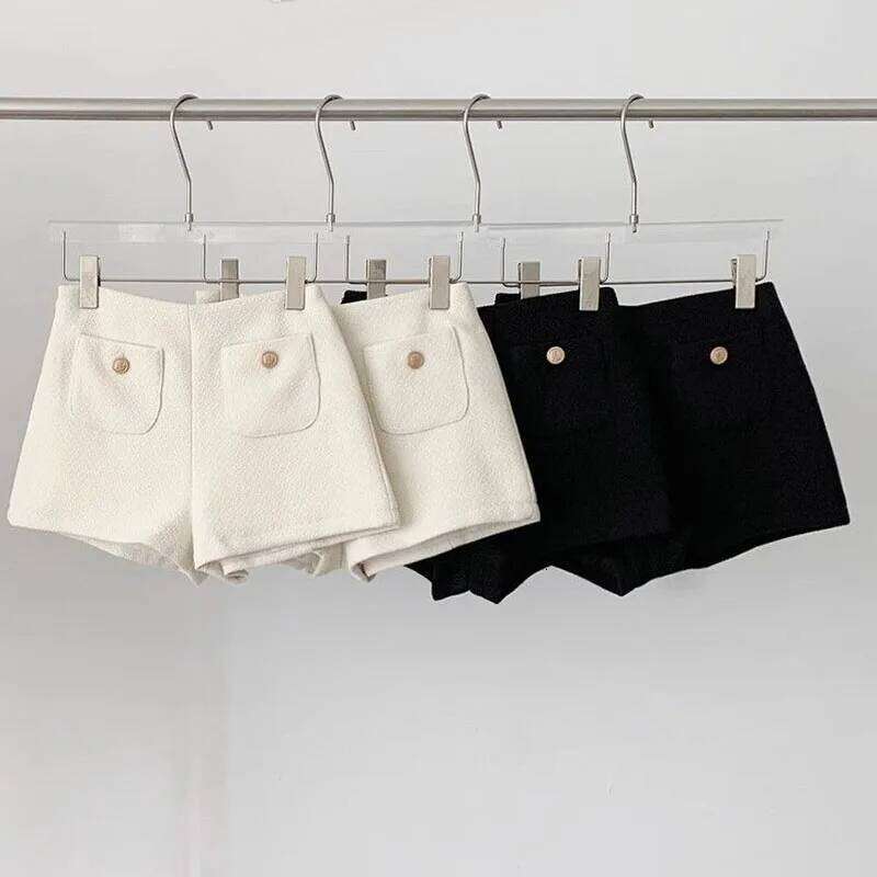 Tweed Black Women Autumn Winter Warm High Waist Chic Korean Fashion All Match White Straight Shorts Female XJ260206