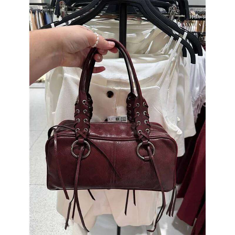 Crack Effect Crossbody Bowling Bag,Designer Punk Metal Studded Fringed Women Sling Shoulder Bag,Burgundy Rivet Tassel Handbag Y260205