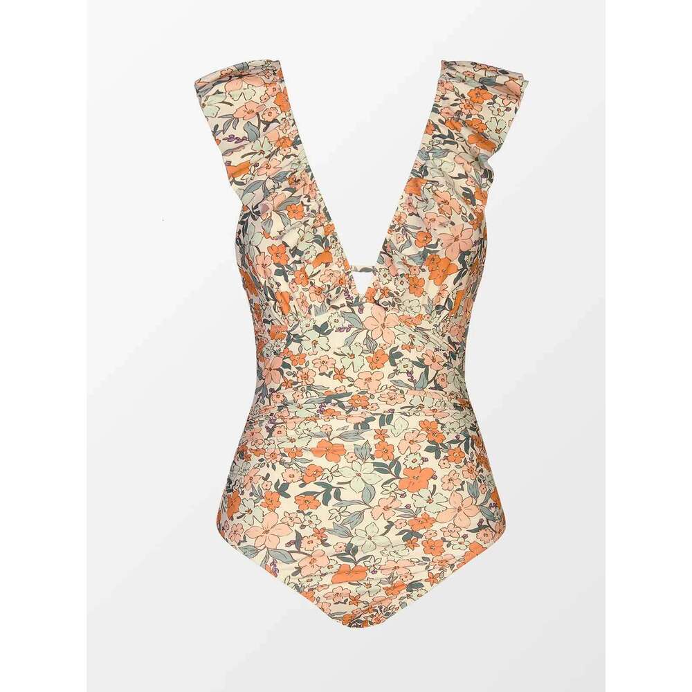 One Piece Swimsuit Women Ruffled Bathing Suits V Neck Lace Up Tummy Control Swim Suit Z260206