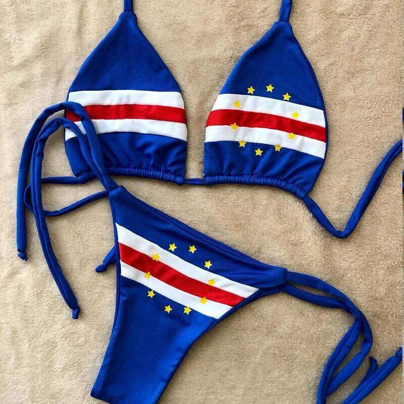 American Popular Sexy 2000s Slim E-girl Bikini Blue Personalized Printing Hanging Neck Two-piece Fashion Women's Briefs Swimsuit Z260206