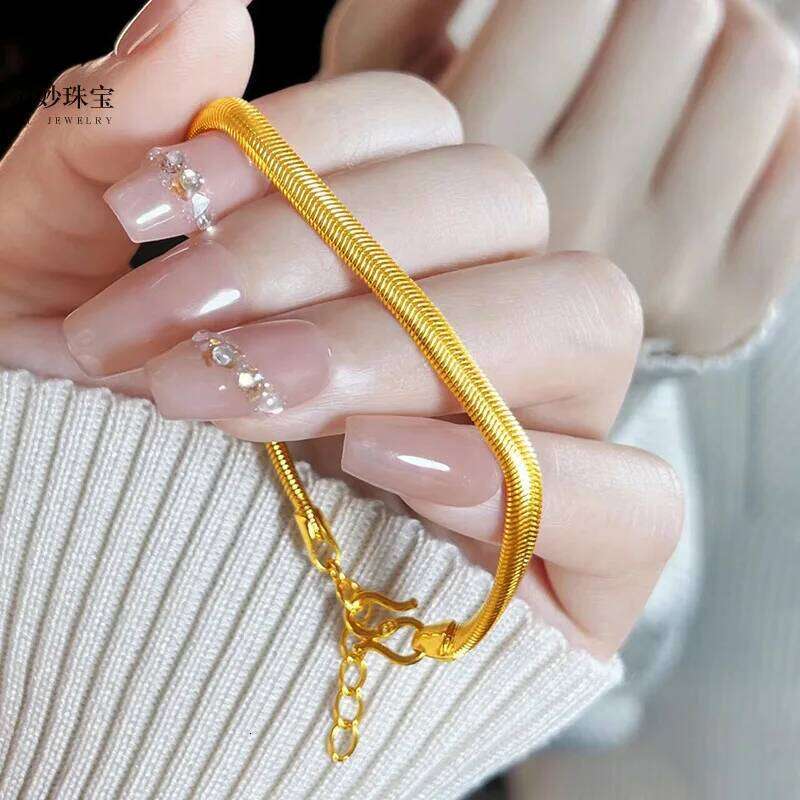 Unisex Luxury Flat Snake Bone Bracelet 24K Gold - Universal style, smooth chain, AU999 quality guarantee 26H0206