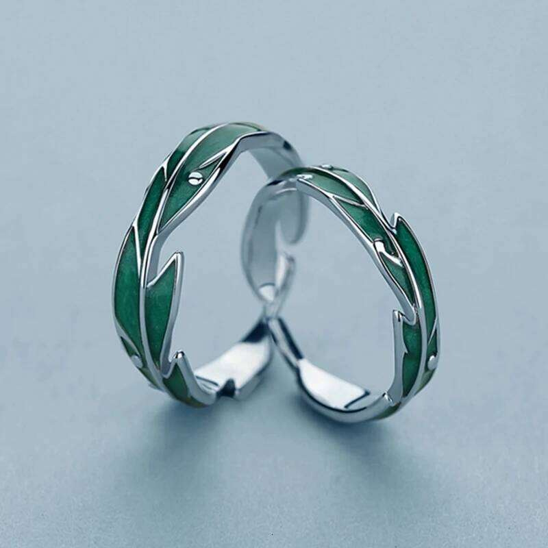 Fashion Irregular Green Leaves Couple Rings For Women Men Lovers Luxury Zircon Silver Color Open Ring Bride Wedding Jewelry Gift W260206