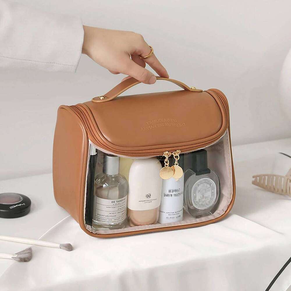 Transparent PU Cosmetic Bag with Hook Waterproof Travel Washbag Large Makepouch Y260206