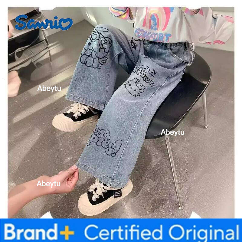 Sanrio Spring Autumn New Children's Jeans Girls Wide Leg Pants Hello Kittys Straight Trousers Kawaii Cartoon Leisure Fashion H260206
