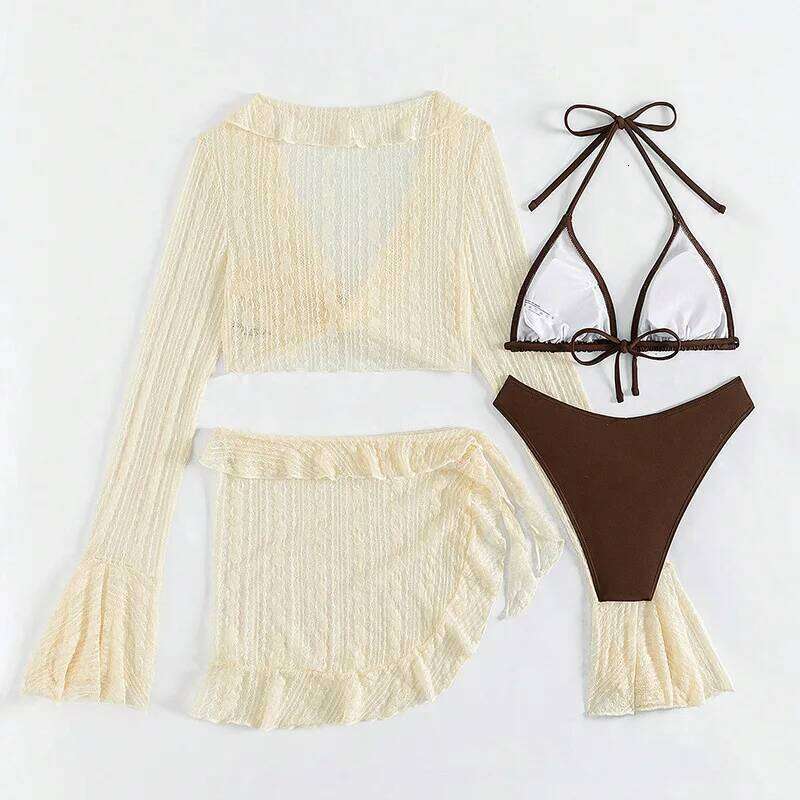 Women's 4 Piece Halter Neck Triangle High Cut Bikini Lettuce Trim Swimsuit Bathing Suit Cover Up Set XJ260206