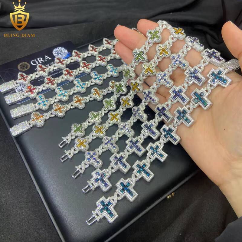 Factory Outlet VVS1 Iced Out Moissanite Bracelets HipHop 925 Silver Chains Mens Moissanite Cross Bracelets Pass Diamond Test GRA