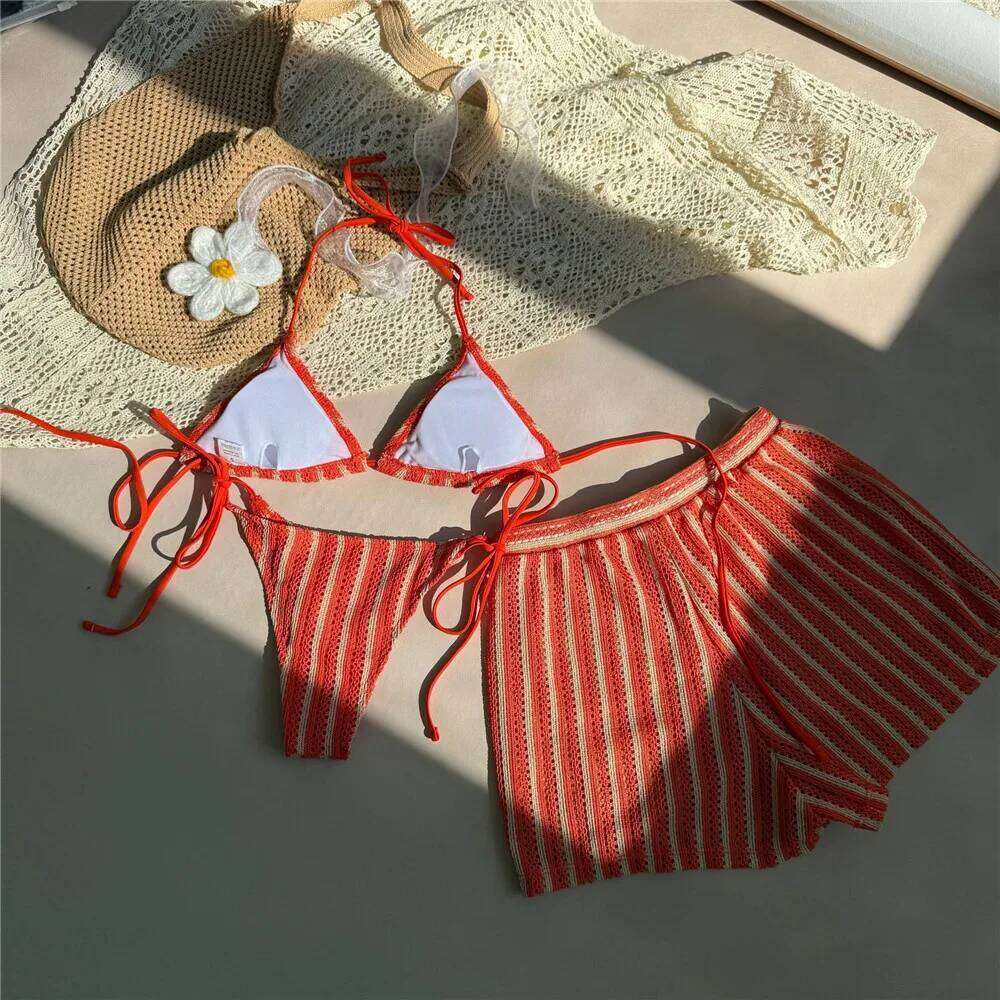 Orange Striped Swimwear Halter String Triangle Bikinis Sets 3 Pieces Bottoms Shorts Mini Micro Thong Sexy Swimsuit Woman 2025 Z260206