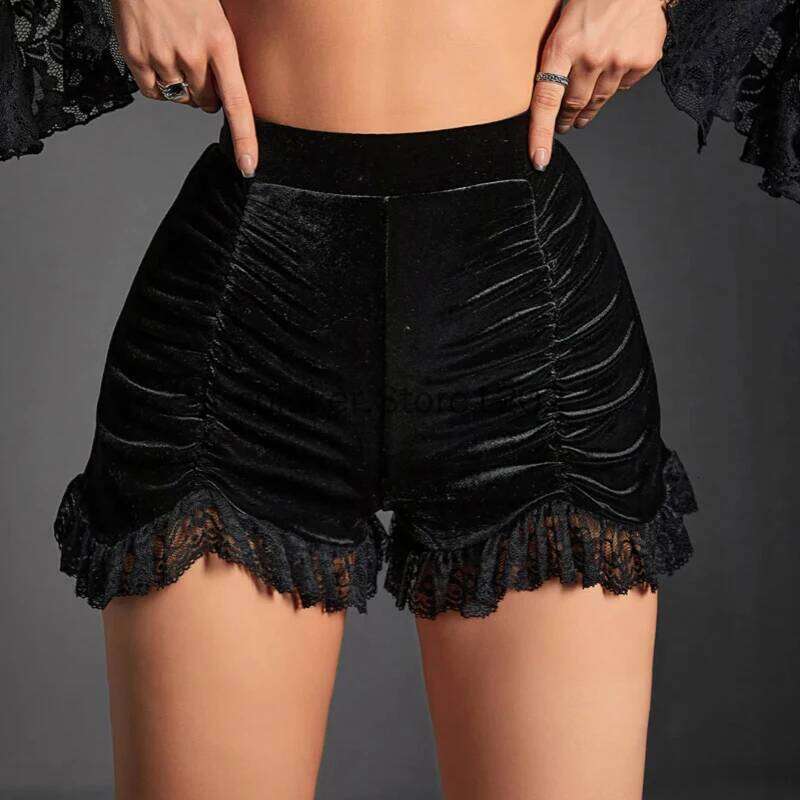 Gothic Velvet High Waist Ruched with Lace Trim Women's Fashion Shorts for Casual Wear Y2K Skinny Bottoms H260206