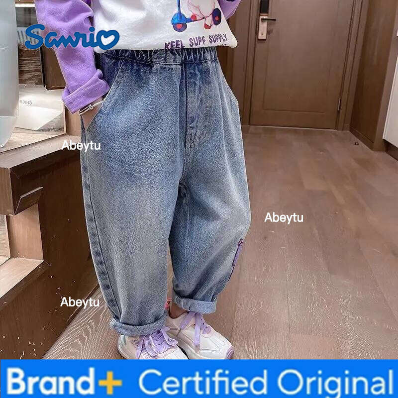 Sanrio Anime Girl Spring and Autumn Cartoon Cute Glitter Kuromi Fashion Baby Sweet Cool Soft Jeans Children's loose casual jeans H260206