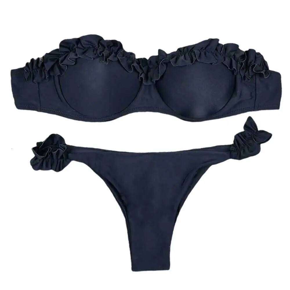 Ruffle Trim Bandeau Bikini Set Push Up Bra Mid-rise Briefs Women's Summer Swimsuit with Split for Female Z260206