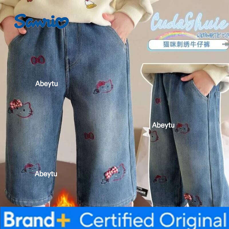 Sanrio Hello Kitty Jeans Fleece Lined Girls and Kids Autumn Winter Season New Style Casual Loose Fit Fashionable Denim Pants H260206