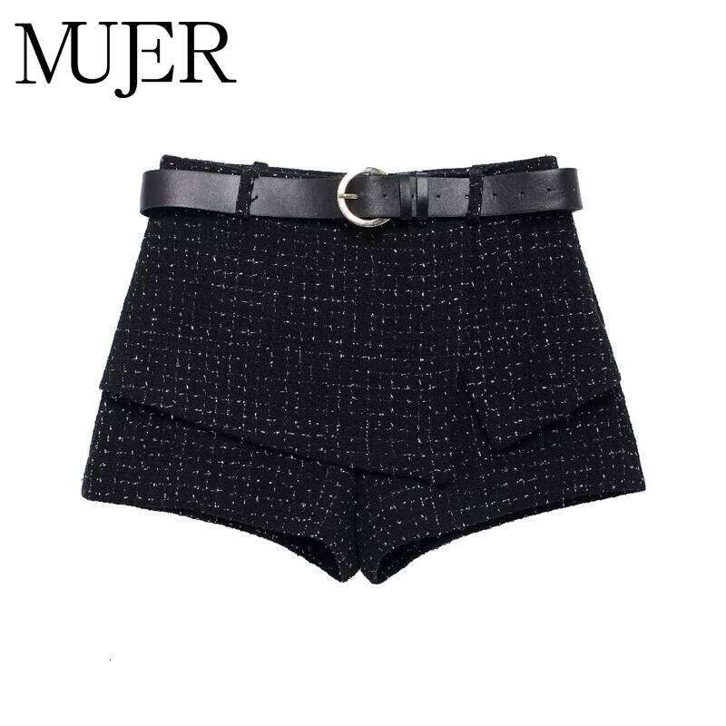 MUJER 2025 Belt Women's Sets High Waist Mini Black Textured Skirt Shorts Fashion Skort for Women H260206