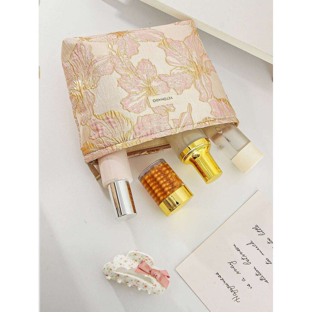 1pc/set Gold flower cute travel toiletries clutch bag, portable makeup bag Y260206