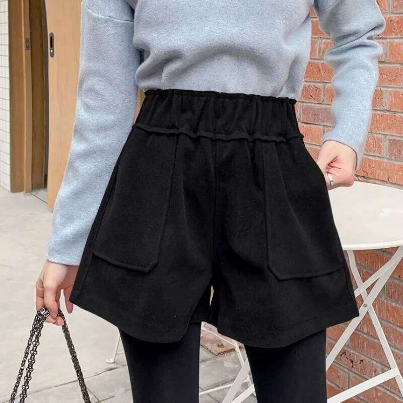 Winter Woolen Shorts Women Cozy Vintage Casual Pure All-match Wide Leg Simple High Elastic Waist Fashion Ins Pockets Comfortable C260206