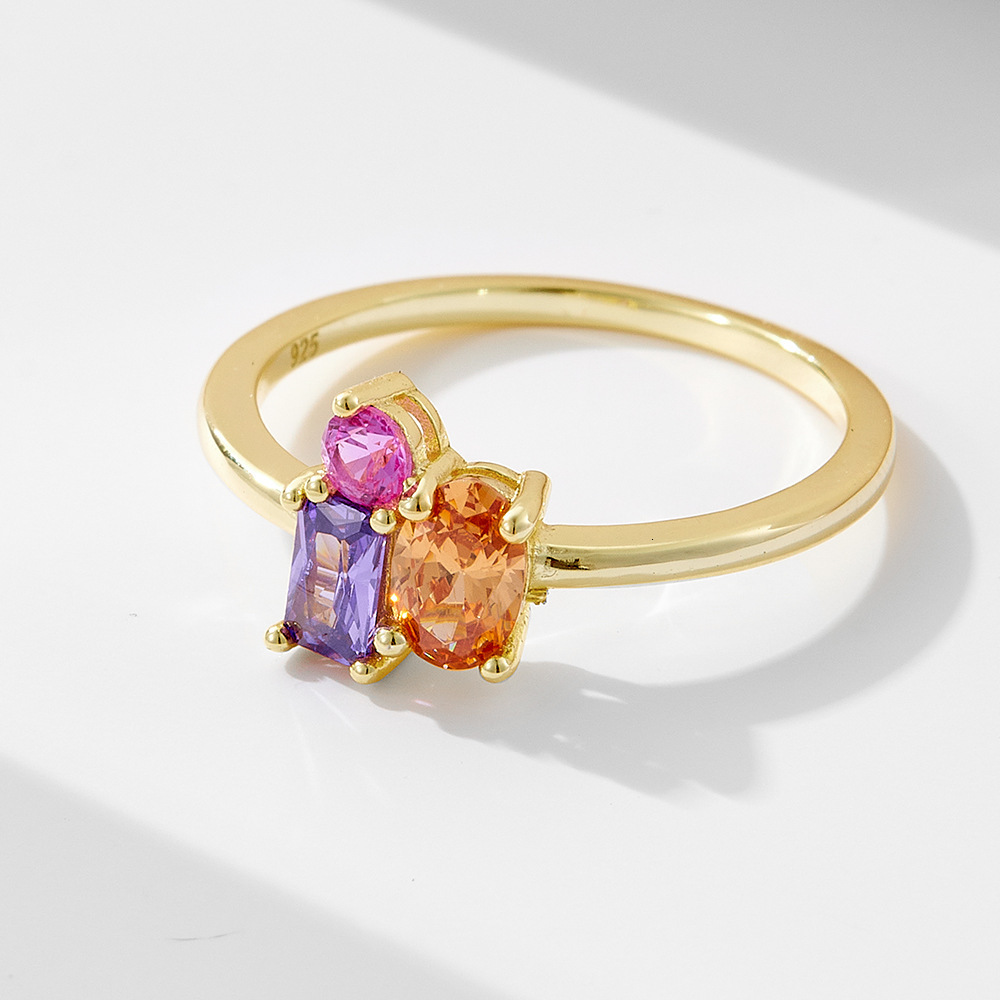 S925 silver geometric rectangular oval zircon for women, light luxury ins-style colored gemstone ring jewelry