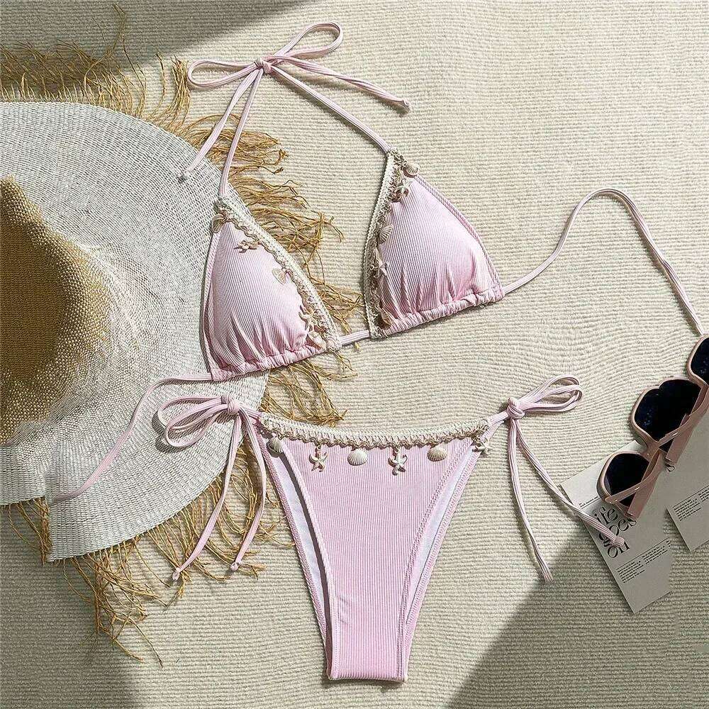 Shell Decoration Swimwear String Halter Bikinis Sets Micro Thong Sexy Swimsuit Women 2025 Bathing Suit Purple Triangle Bikini Z260206