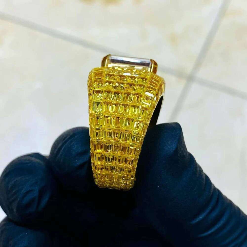 Custom Jewelz Men's Sterling Silver Gold Plated 12G Iced Out Emerald Cut Moissanite Hip Hop Ring With Prong Setting