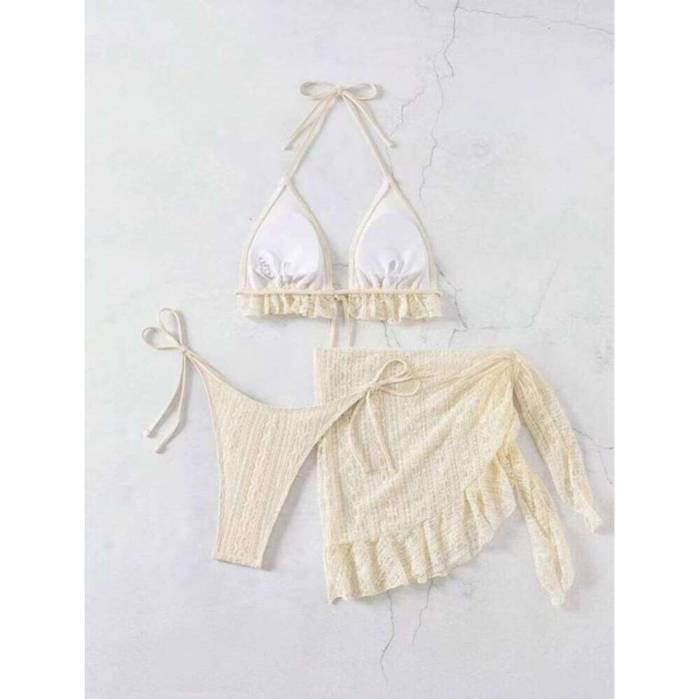 2025 Women Sexy Halter Bikini 3 Piece Set Solid Milky White Swimsuit With Mesh Cover Ups Beach Vacation Brazilian Bathing Suit Z260206