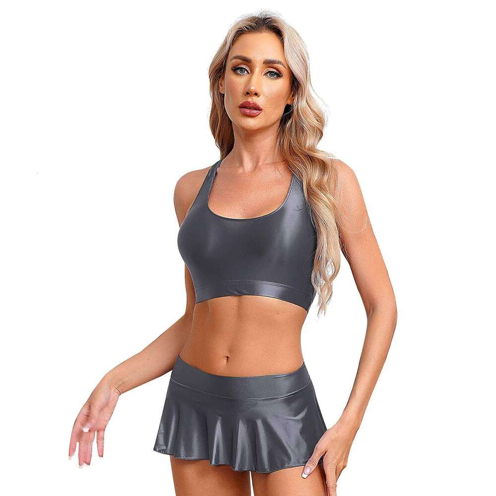 Womens Bikini Swimsuit Glossy U Neck Tank Tops Solid Color Swimwear Crop Top Vest Ruffled Skirt Miniskirt Gym Yoga Fitness XJ260206