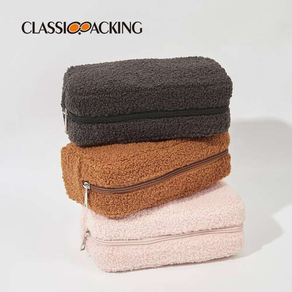 Autumn and Winter Solid Color Teddy Large Capacity Storage Travel Convenient Plush Simple Makeup Bag Y260206